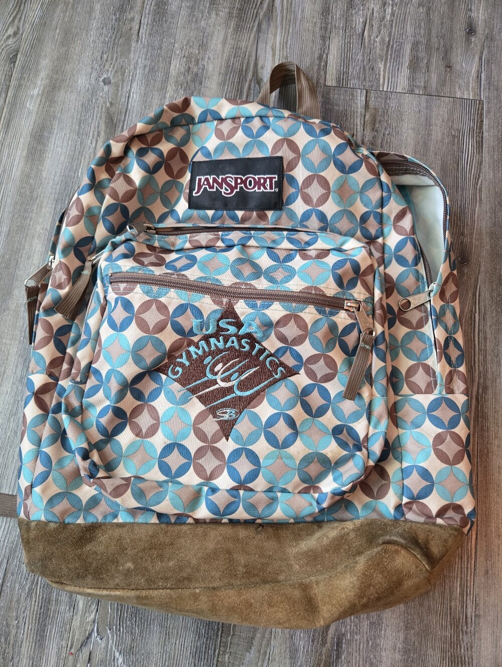 JanSport "Gymnastics" Patterned Blue & Brown Backpack